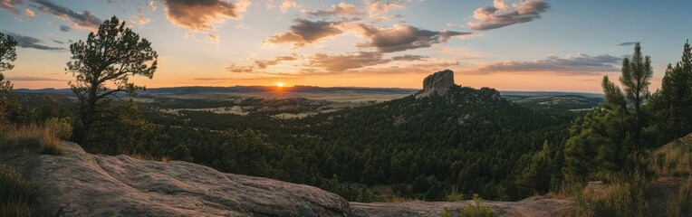 A stunning sunset over the rock formations and valleys in the serene landscape of the countryside