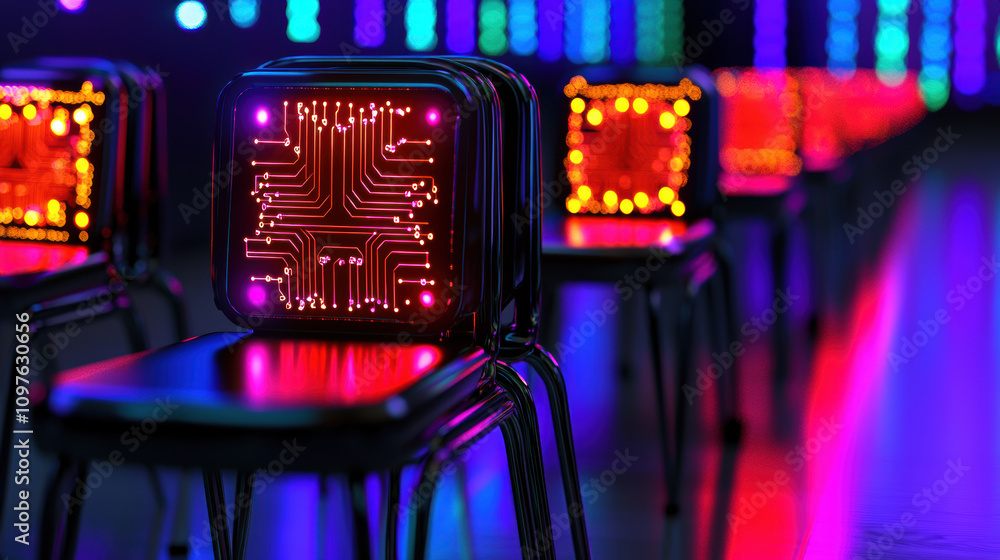 Aufkleber Quantum Computing Education Concept. A row of futuristic chairs illuminated with vibrant red and colorful lights, featuring circuit-like patterns on their backs.