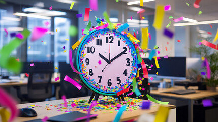 A colorful clock surrounded by confetti and ribbons, set against the backdrop of an office environment with desks and computers 