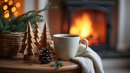 Fototapeta premium Cozy Christmas Coffee Mug by Fireplace, Winter Warmth