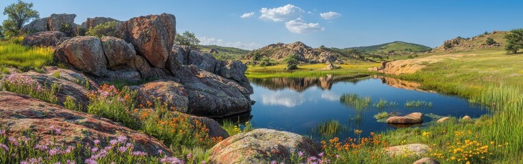 A serene afternoon at Wichita Mountains showcasing tranquil waters and vibrant wildflowers under a clear blue sky