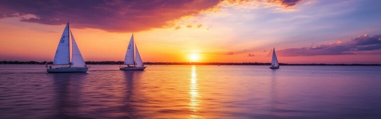 Fototapeta premium Sailboats glide across the tranquil waters of Chesapeake Bay during a vibrant sunset