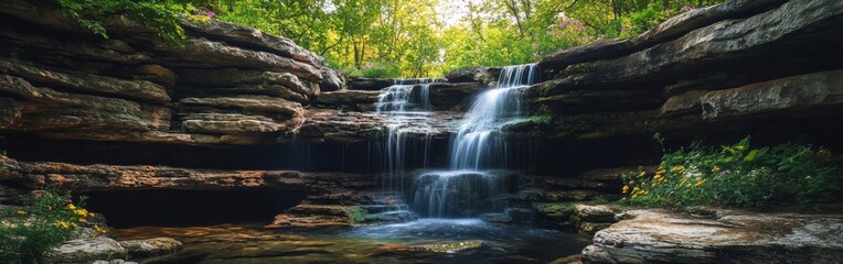 Obraz premium Discover the serene beauty of cascading waterfalls surrounded by lush greenery in a tranquil forest setting