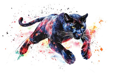 A colorful, artistic depiction of a leaping panther against a vibrant splatter background.
