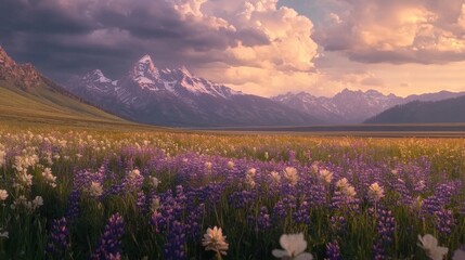 A vibrant wildflower landscape in Teton Valley with majestic mountains under a colorful sunset sky