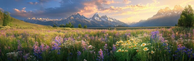 Obraz premium A vibrant display of wildflowers in Teton Valley under a golden sunset with majestic mountains in the background