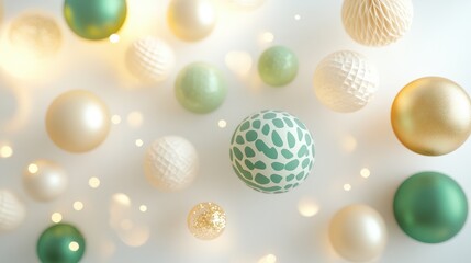 Minimal winter holidays top view composition with New Year paper festive ornaments cream beige balls, green Christmas Tree Ornament on light white background with golden bokeh light effects