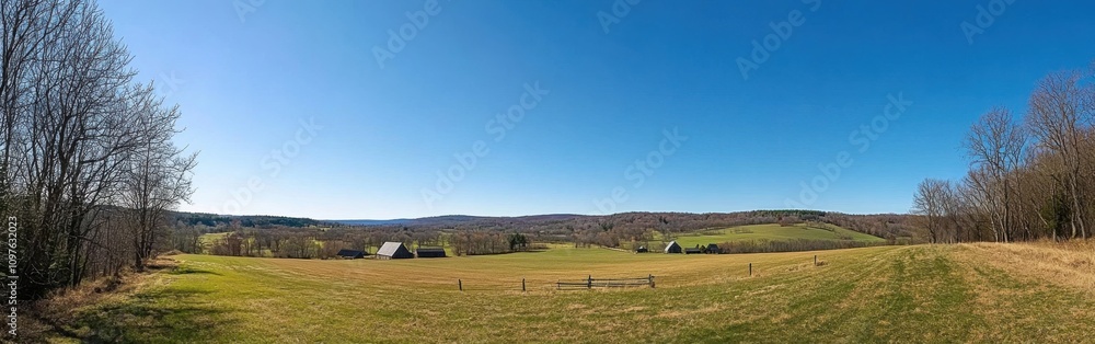 Poster rolling hills under a clear blue sky with lush green fields and early spring vegetation in a serene 
