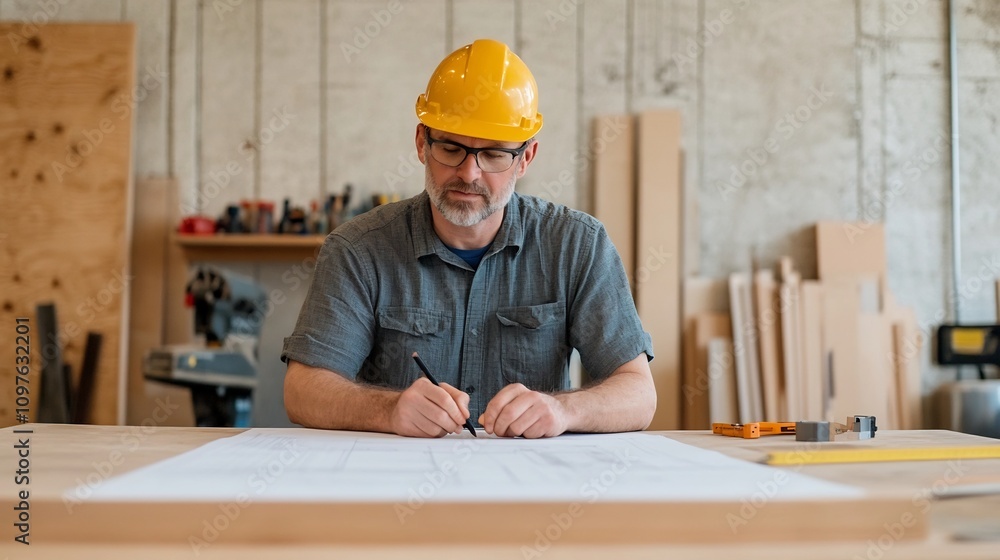Poster carpenter sketching plans for construction project on wooden workbench with tools and blueprints
