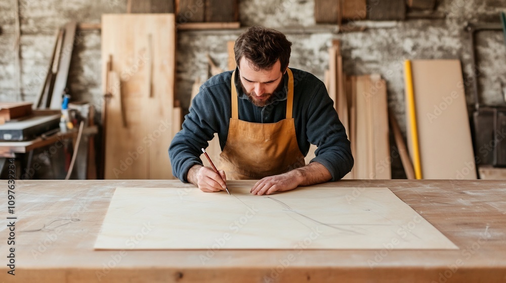 Poster carpenter sketching project plans on wooden workbench with tools and blueprints