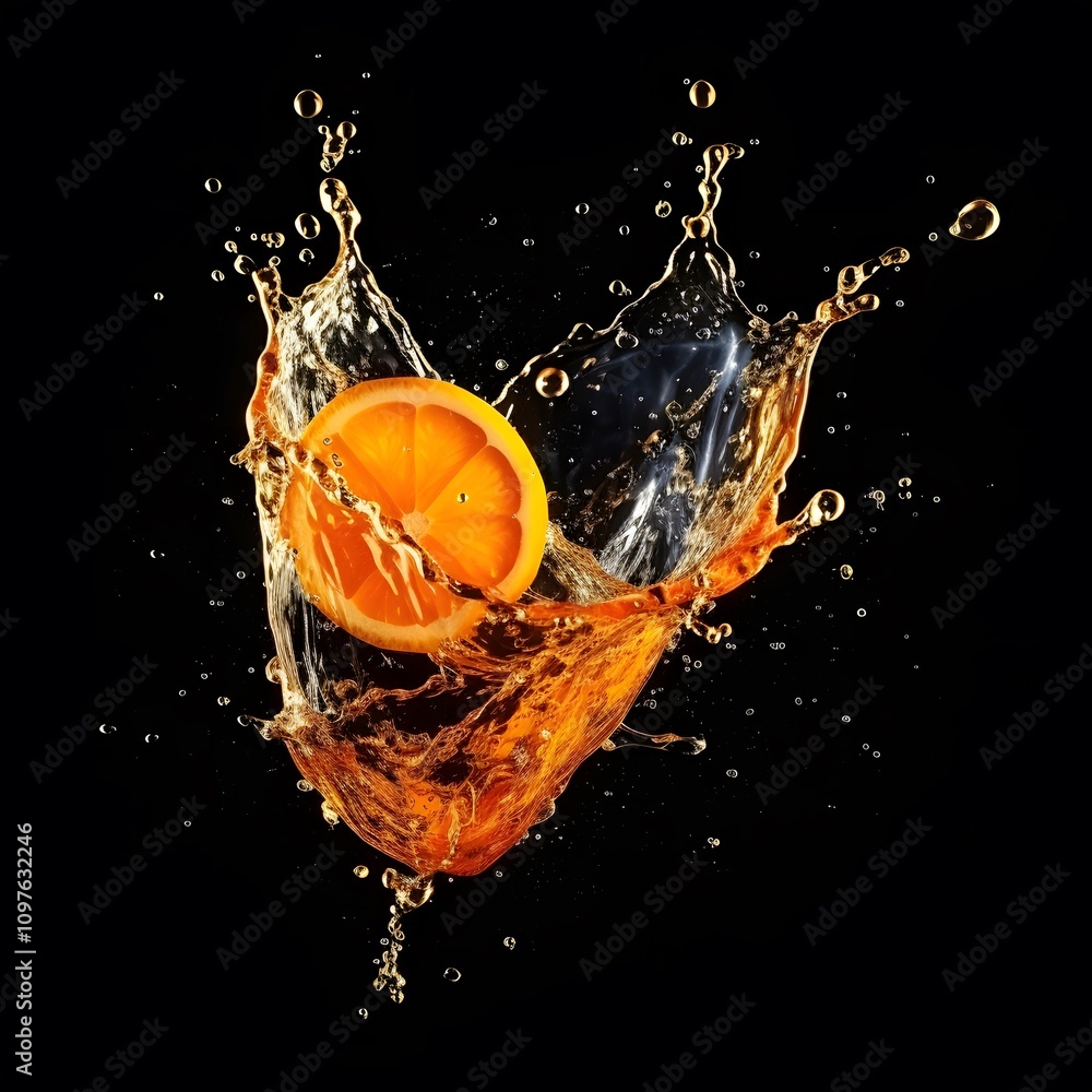 Poster a splash of orange juice with a slice of orange, creating dynamic motion against a black background.