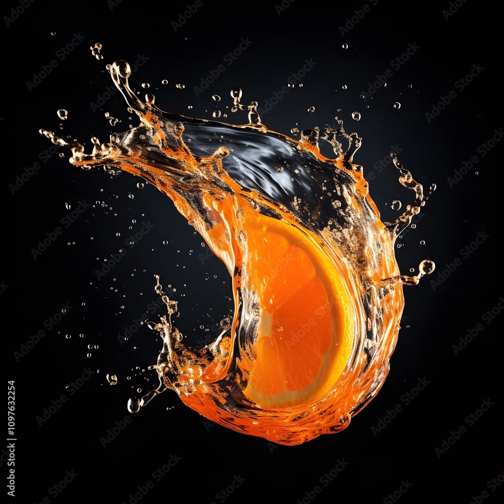 Poster a splash of orange juice with a slice of orange, creating a vibrant, dynamic visual effect.