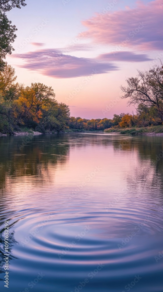 Poster a tranquil dusk view of the kaw river reflecting autumn colors and gentle ripples on the surface