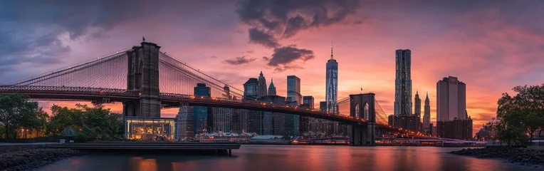 Fotobehang A stunning sunset view over the historic Brooklyn Bridge and Manhattan skyline reflected in the water © vadosloginov