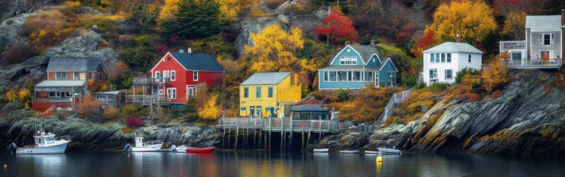Stunning autumn view of Perkins Cove showcasing colorful coastal homes and serene waters at dusk
