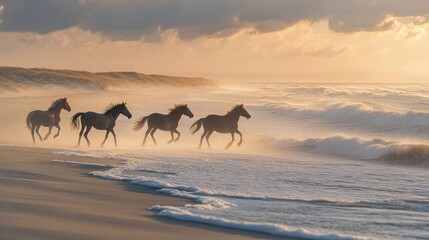 Wild horses gallop along the shoreline of Assateague Island during sunset creating a picturesque coastal scene
