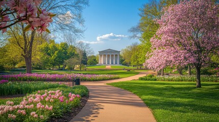 Obraz premium The Lincoln Memorial surrounded by blooming flowers and lush greenery on a bright spring day in Washington, D.C