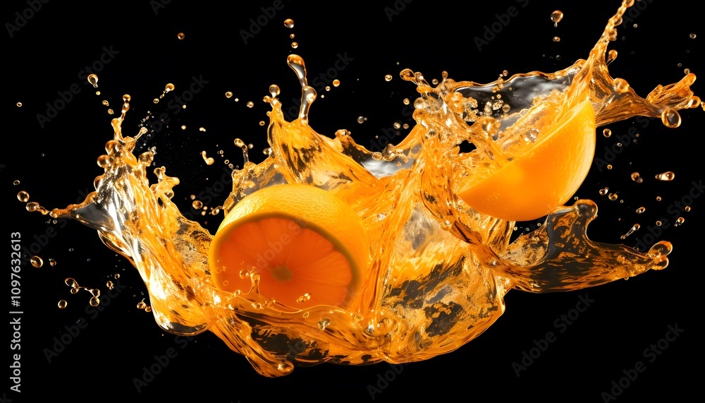 Poster a splash of orange juice with citrus halves creating dynamic motion.