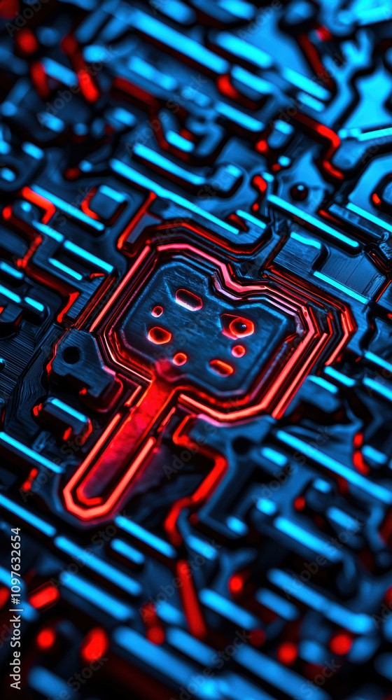 Poster quantum computing education concept. a close-up image of a circuit-like design lit in blue and red, 