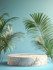 Travertine stone Podium with Palm leaves on blue background. 3D render. HD realistic.