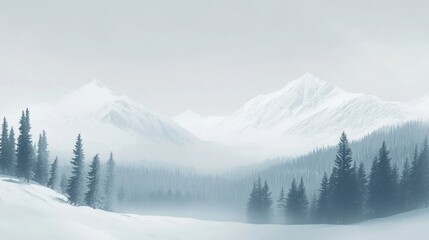 Fototapeta premium A foggy winter mountain landscape mountains trees snow.