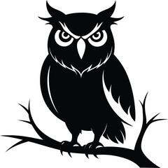 Fototapeta premium Black and White Owl Illustration: Vector Graphic of a Perched Owl on Branch, Detailed Silhouette Design for Wildlife and Nature Themes