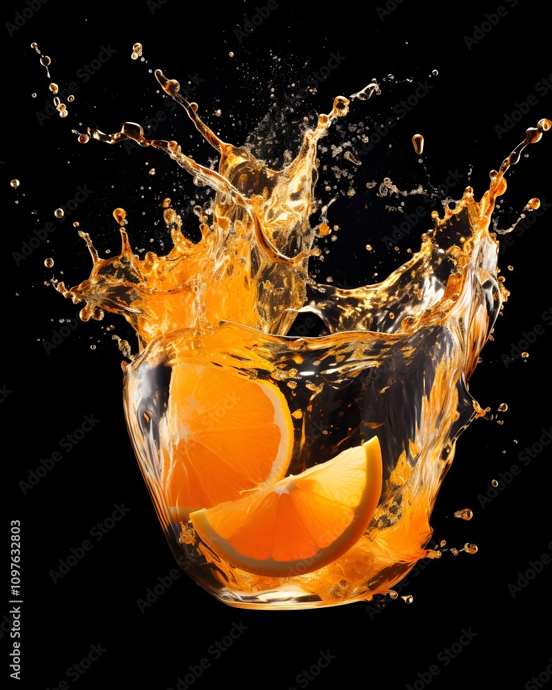 Poster a splash of orange juice with citrus slices, captured in a dynamic and vibrant moment.