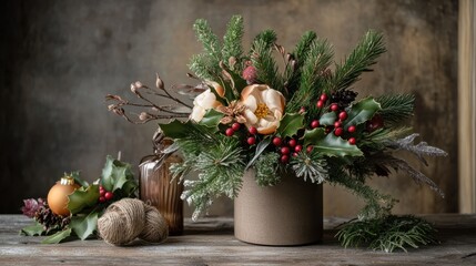 Rustic christmas gift arrangement with natural decorations for festive inspiration.