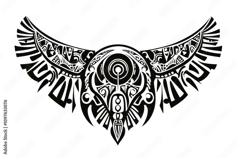 Poster a stylized wing design featuring intricate patterns and a central circular motif, evoking a sense of