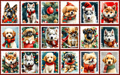 This adorable artwork features a collection of cute puppies celebrating the Christmas season. Each pup is dressed in festive attire and surrounded by holiday decorations.  