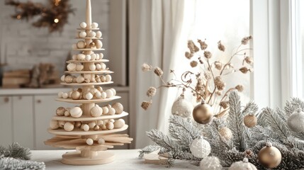 Scandinavian wooden Christmas tree adorned with eco-friendly ornaments, sustainable holiday celebration vibe.