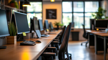 Fototapeta premium Modern office workspace with multiple computers and open window light