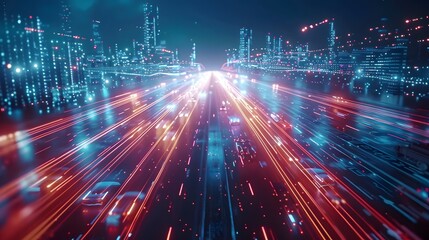 Obraz premium A futuristic cityscape with interactive digital maps and data streams, photography, immersive technology, sleek interfaces, cutting-edge design, photorealistic