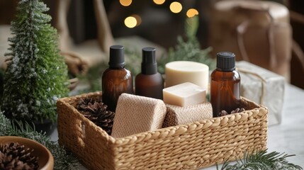 Self care package, seasonal gift box with zero waste organic cosmetics products for men. Personalized eco friendly basket for family and friends for thankgiving, christmas, fathers day