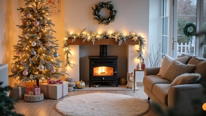 Cozy Christmas Living Room with Pastel Tree & Fireplace
