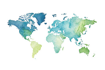 Fototapeta premium A watercolor world map showcasing various shades of blue and green, representing continents in an artistic style.