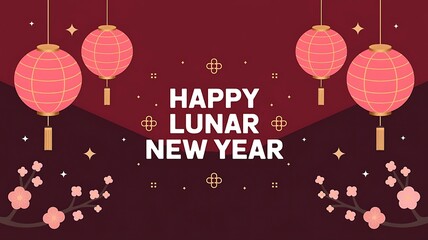 Naklejka premium Lunar New Year Celebration Scene with Red Background, Pink Lanterns, Cherry Blossoms, and Golden Stars for Festive Charm