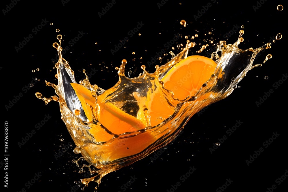 Poster a splash of water with orange slices, creating a vibrant and refreshing visual effect.