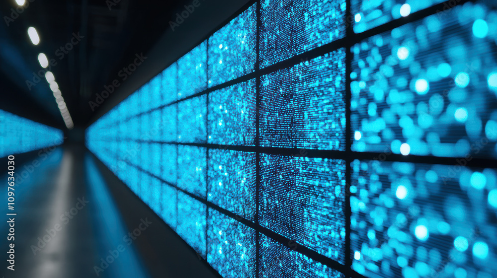 Poster quantum computing education concept. a visually striking corridor featuring illuminated blue panels,