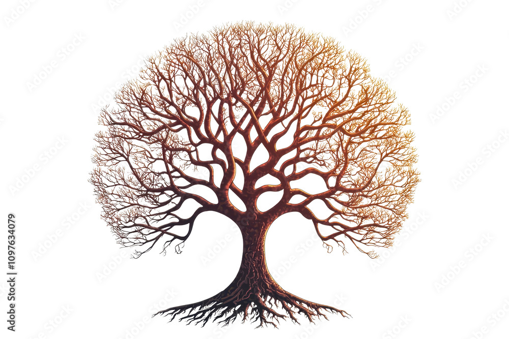 Poster a stylized, intricate tree with a complex structure of branches and roots, showcasing a blend of col