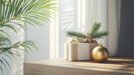 Fototapeta premium Stylish eco christmas gift boxes on white table. Simple craft christmas presents with golden baubles, tree and fir branch on rustic wood. Merry Christmas! Eco friendly holidays, space for text