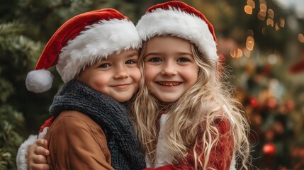 Smiling Boy and Girl in Santa Hats Hugging Outdoors by a Christmas Tree