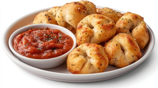 A plate of savory garlic knots served with a side of marinara sauce for dipping, Each knot soft and garlicky