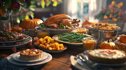 Fototapeta premium Thanksgiving family dinner setting concept. Traditional Thanksgiving day food. with turkey, green beans and mashed potatoes, stuffing, pumpkin, apple and pecan pies, rustic wooden table