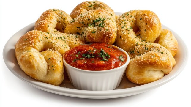A plate of savory garlic knots served with a side of marinara sauce for dipping, Each knot soft and garlicky