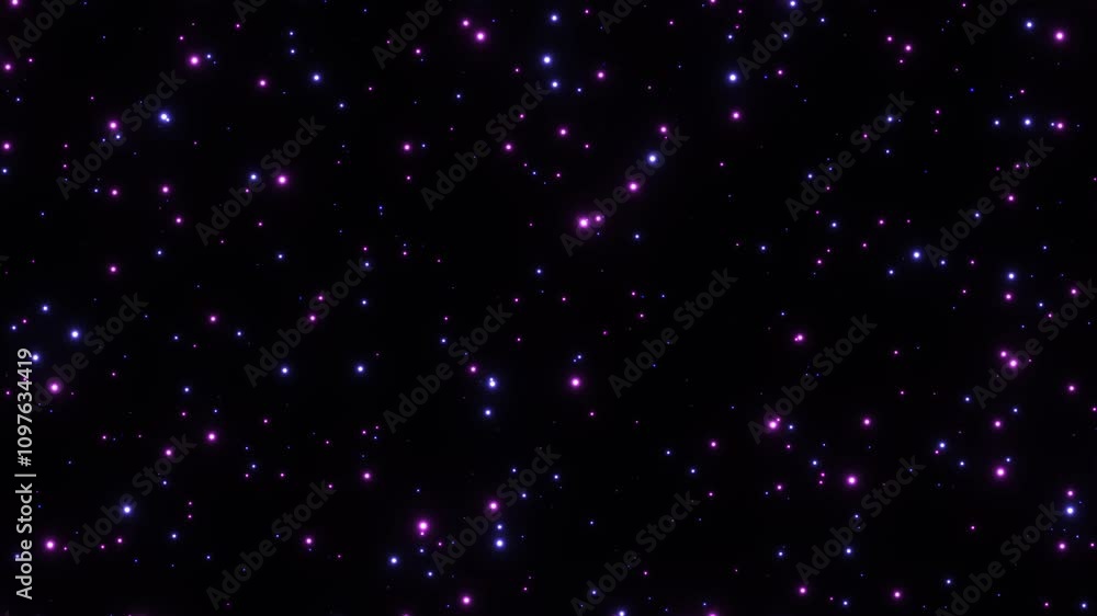 Poster Dark sparkling lights, blue purple floating particle glitter animation background
