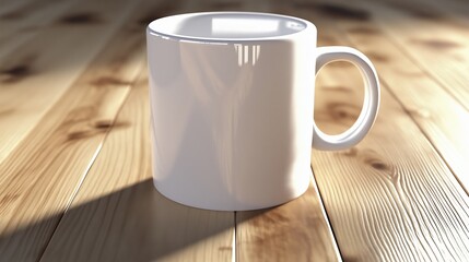 Obraz premium A clean white coffee cup on a plain wooden surface with soft morning light