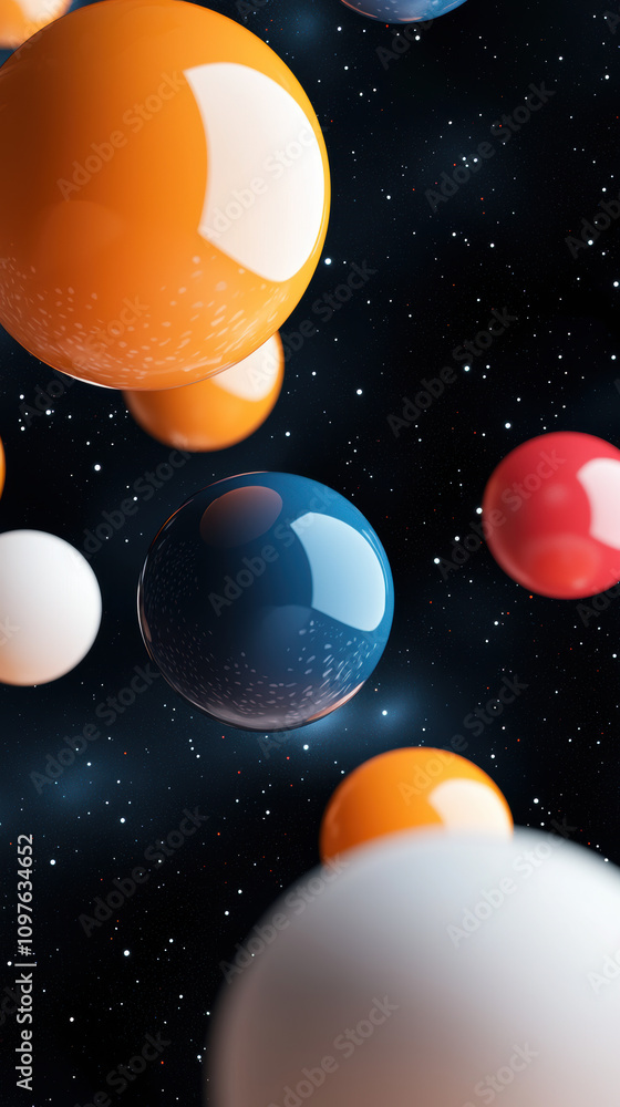 Poster quantum computing education concept. a vibrant cosmic scene featuring colorful spheres floating in a
