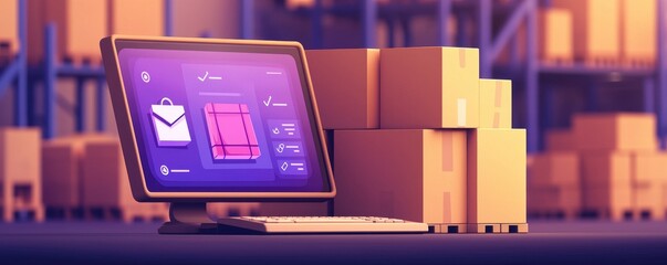 warehouse management 3d concept. A modern computer displays a user interface for shipping, with cardboard boxes stacked nearby, set in a warehouse environment.