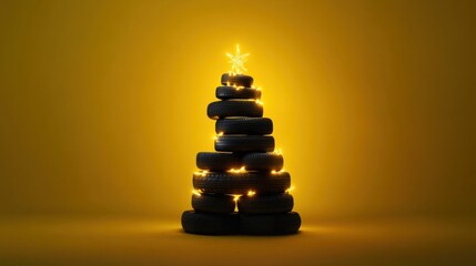 Obraz premium Unique Christmas tree made of stacked tires with glowing lights set against a bright yellow background